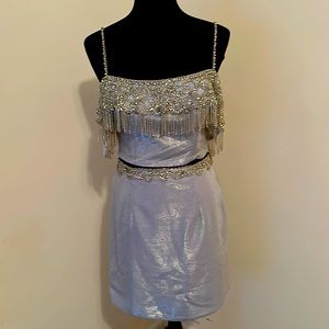 Beautiful light baby blue two piece dress with silver beads and accents.